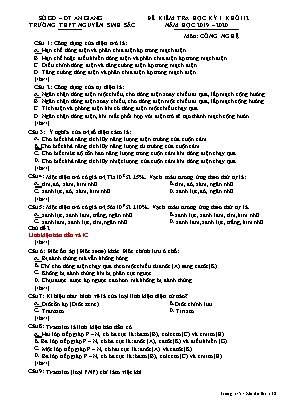 Đề kiểm tra học kỳ I môn Công nghệ Lớp 12 - Năm học 2019-2020 - Trường THPT Nguyễn Sinh Xắc (Kèm đáp án)